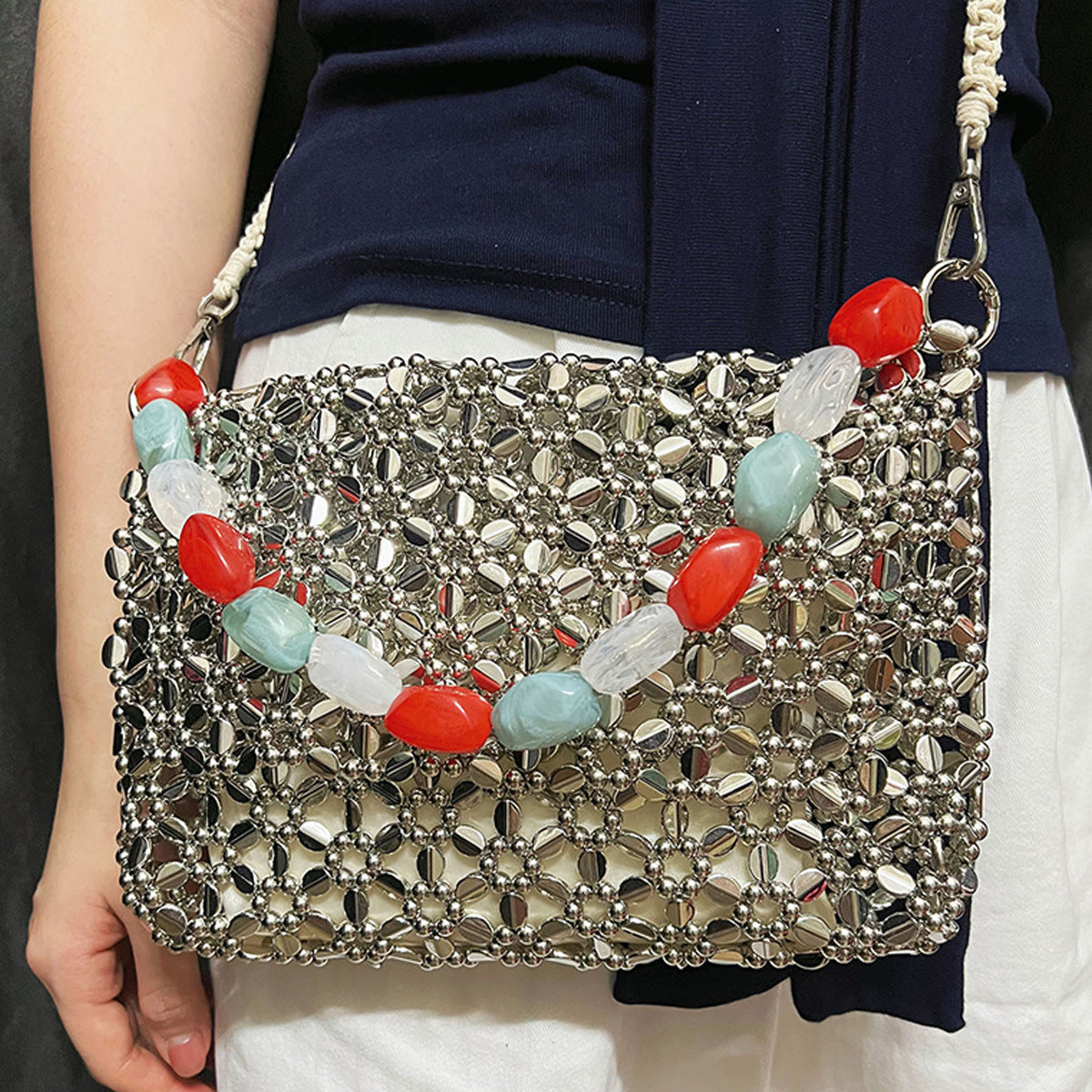 Retro Silver Hand Woven Beads Small Square Bag Long Shoulder Strap Phone Crossbody Bag
