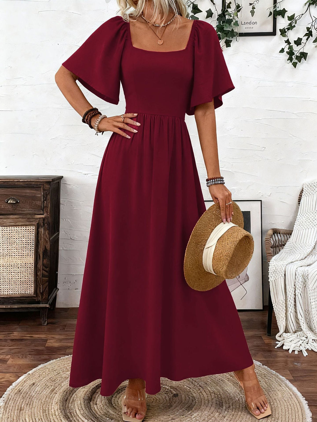 Ladies Spring Summer Bohemian Square Collar Fashion Elegant Generous Lotus Leaf Sleeve Women's Dress Dress