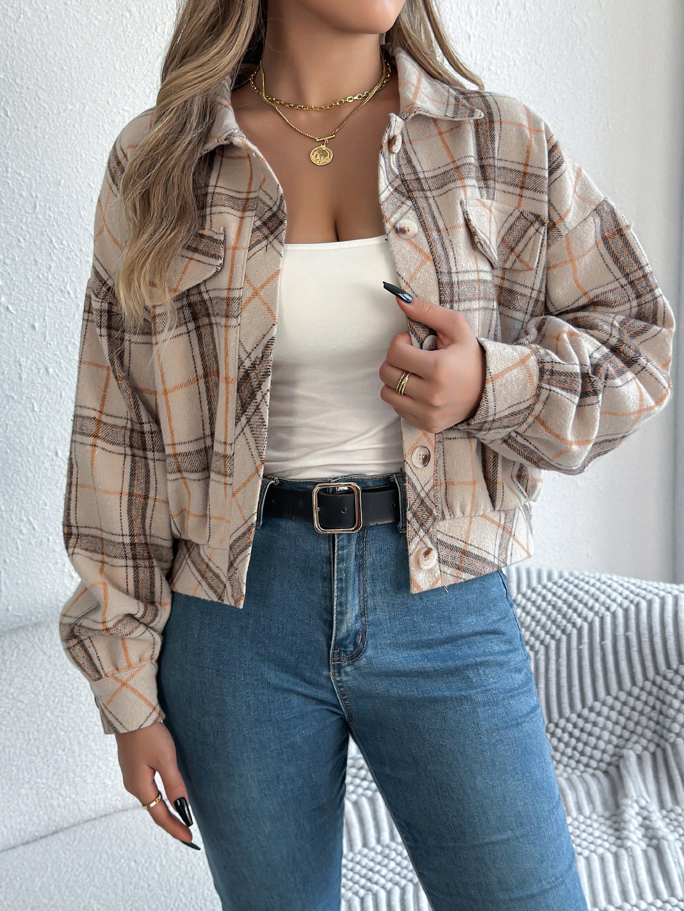 Real Shot Autumn Winter Casual Plaid Faux Pocket Long Sleeve Woolen Cloth Jacket Coat Women Clothing
