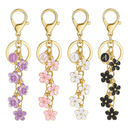 Initial Keychain White/Pink Flower Charms for Key Cute Letter Keyring Bag Charm 26 Letter Cherry Blossom Daisy Keychain