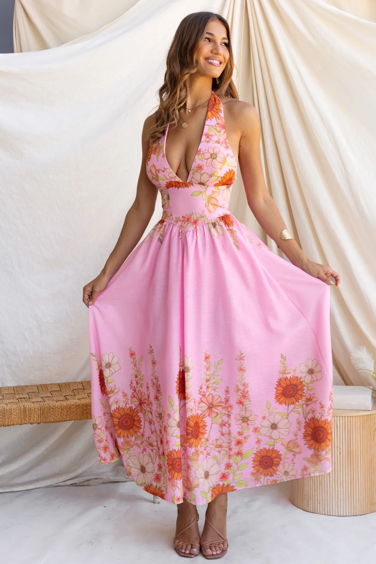 Summer Positioning Elegant Sunflower Printed V neck Waist Controlled Large Hem Dress