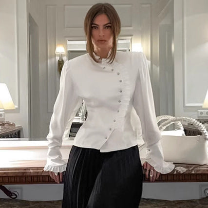 Spring Ruffled Long Sleeved Cardigan Court Top with Wooden Ears Women