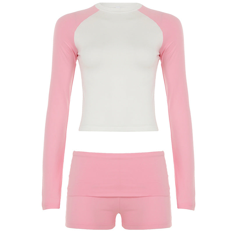 Casual Sports Basic Color Contrast Long Sleeve T shirt Top Waist Shorts Fitness Two Piece Sets