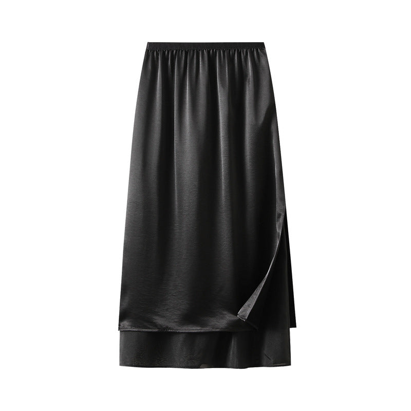 False Two Piece Patchwork Design Split Satin Skirt Women Mid Length Summer Long Skirt