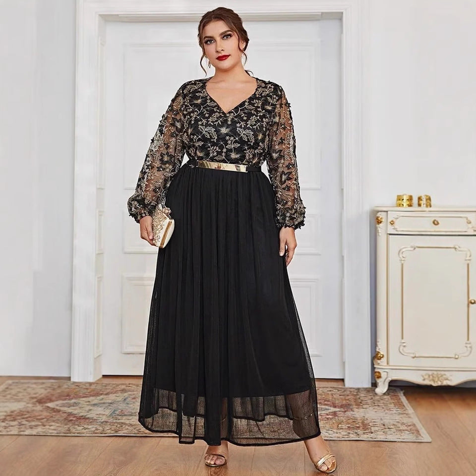 Women Dress V neck Black Panel Long A Line Maxi Dress