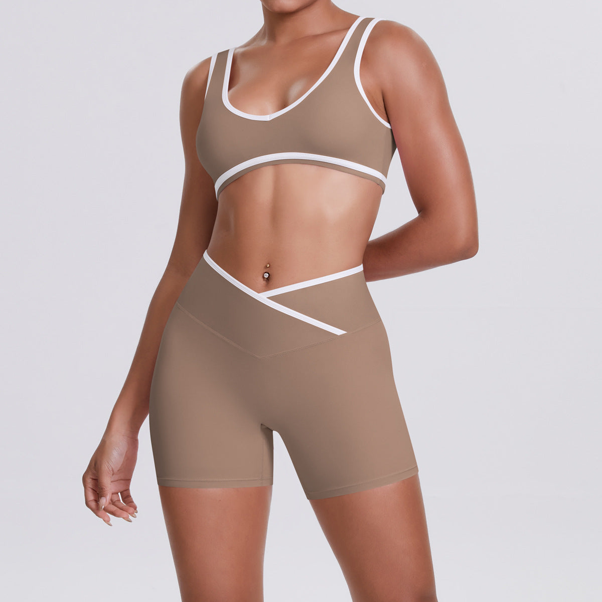 Nude Feel Contrast Color Sports Bra Skinny Yoga Pants Cross High Waist Bodybuilding Shorts Yoga Women