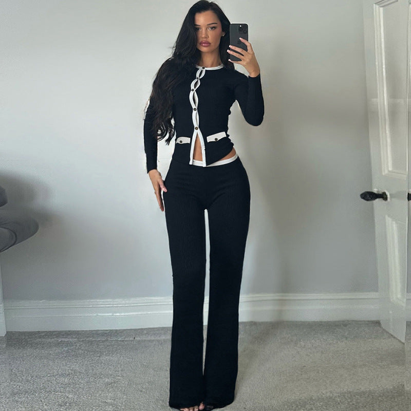 Women Clothing Autumn Personality round Neck Button Contrast Color Cardigan Long Sleeve High Waist Slim Trousers Two Piece Sets