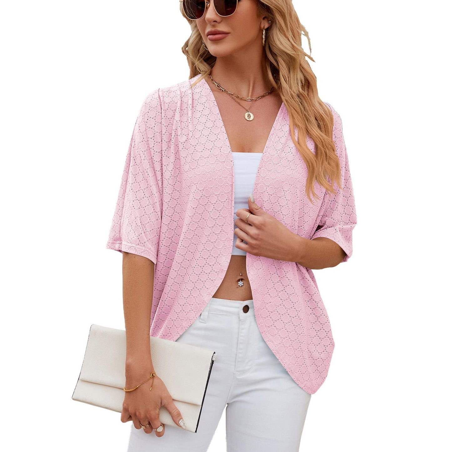 Spring Summer Solid Color Half Sleeves Cardigan Knitted Cardigan Coat Office Cardigan