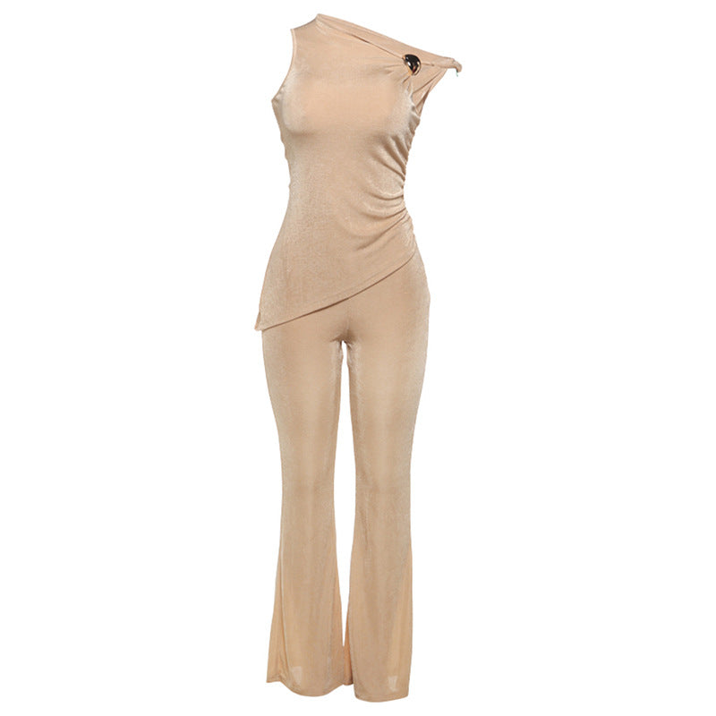 Summer Women Clothing Diagonal Collar Slim Top Sheath Bootcut Pants Set Women