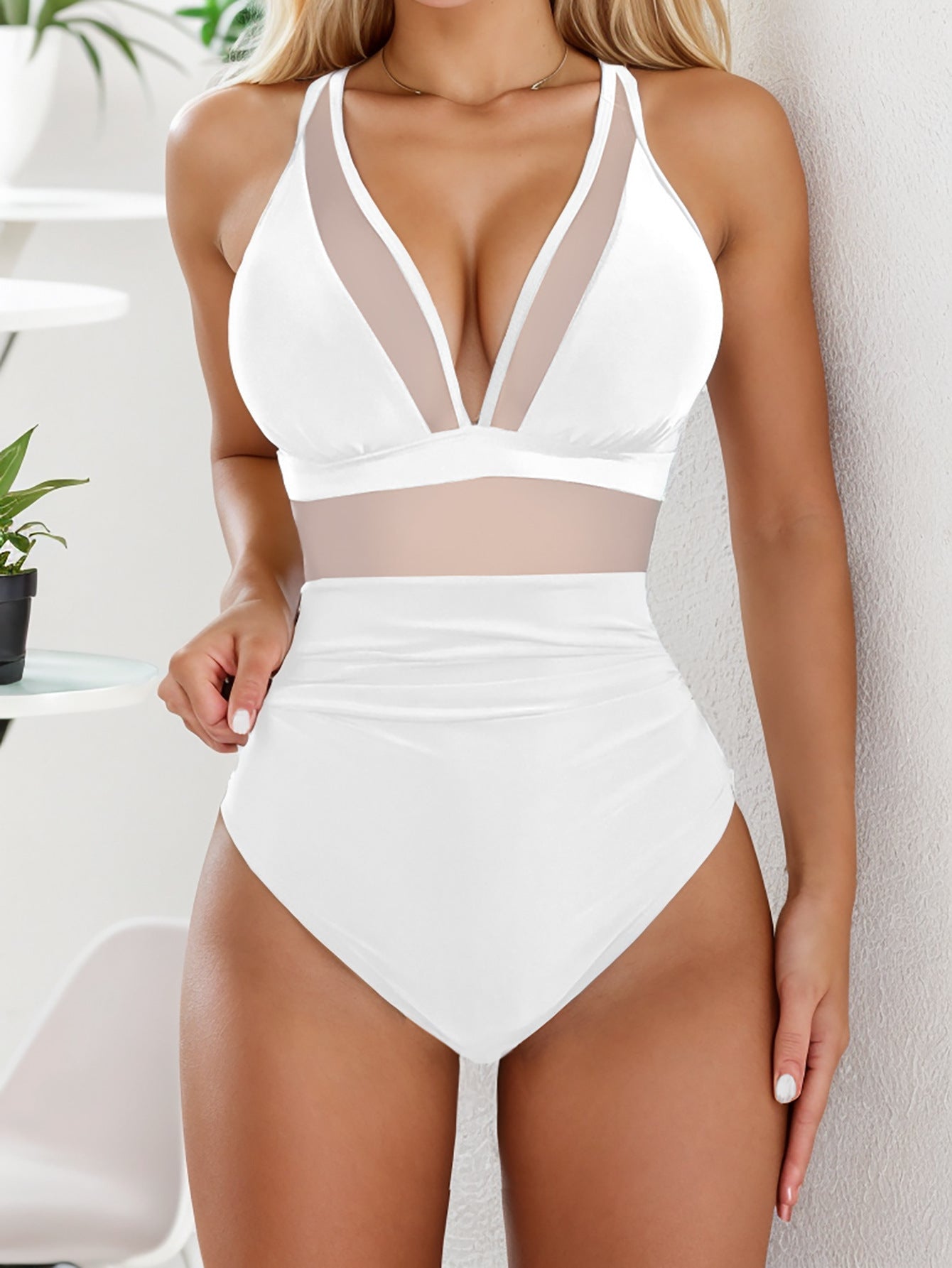 2026 Bikini solid color mesh halter sexy bikini one-piece swimsuit swimsuit