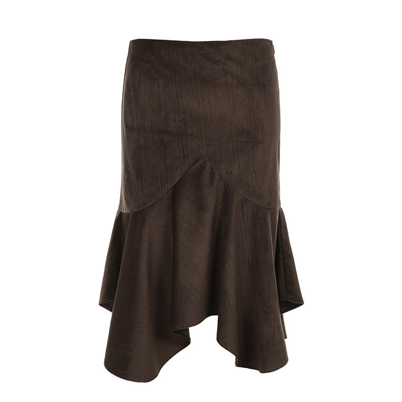 Maillard Women Autumn Winter Retro Brown Mid Length with Irregular Asymmetric Design