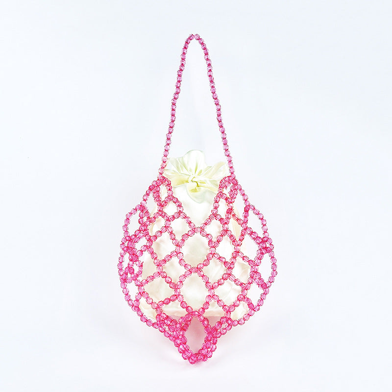 Women Casual Shoulder Bag Pink Openwork Cute Beaded Artistic Little Fairy Bag