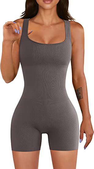 Women Yoga Jumpsuit Workout Ribbed Square Collar Sleeveless Sports Jumpsuit