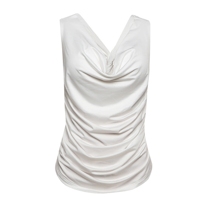 Spring Women Clothing Solid Color Sexy Pile Collar Backless Pleated Slim Vest for Women