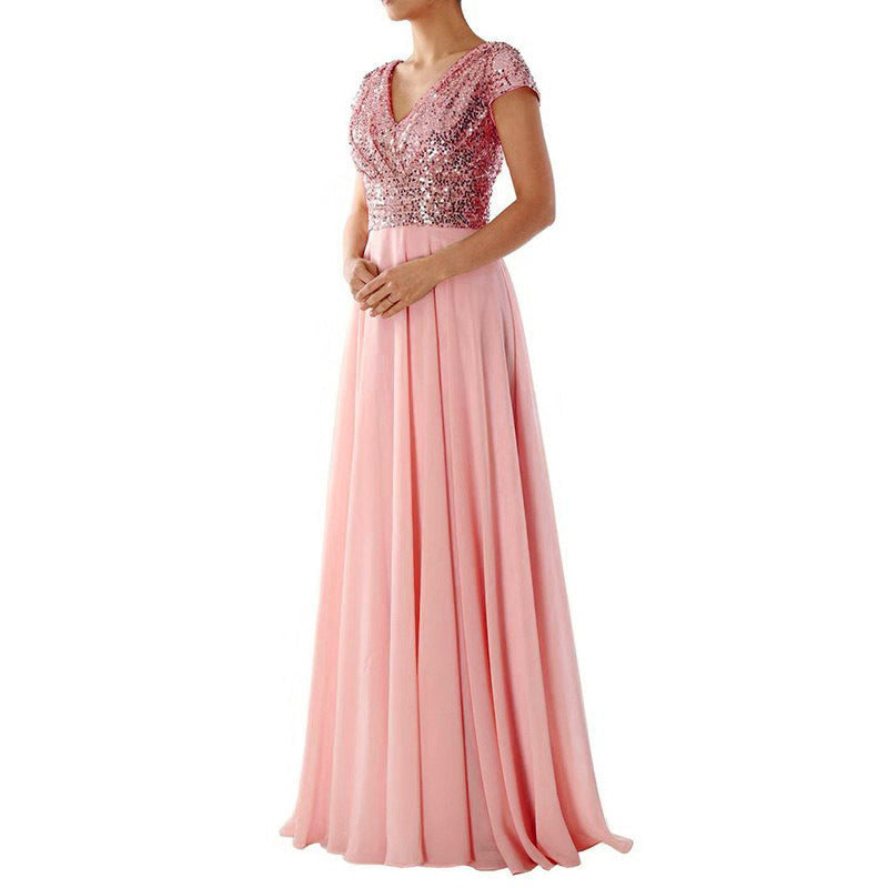 Summer Dress V neck Sequ Chiffon Stitching Evening Maxi Dress