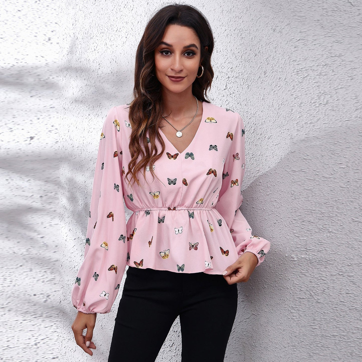 V Neck Cinched Plaid Floral Print Lantern Sleeve Chiffon Shirt Women Shirt Spring Autumn Women Clothing