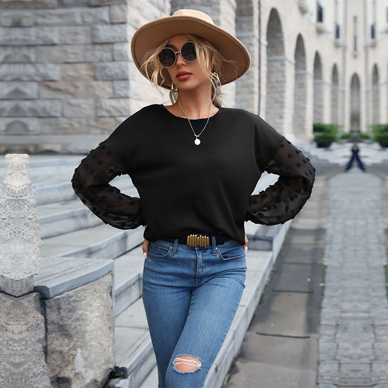 Autumn Winter Solid Color Top Women Black Lace Stitching Knitwear