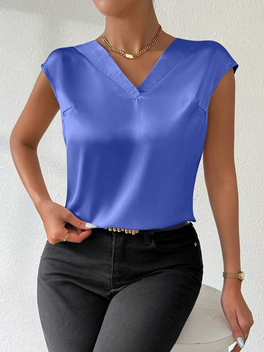 Spring Summer Satin Shirt Women Party V neck Casual Short Sleeve Satin Shirt