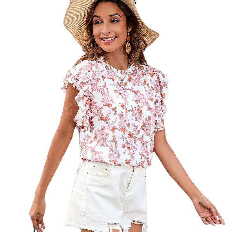 Women Summer round Neck Printed Ruffled Short Sleeves Chiffon Shirt Floral Pullover T shirt