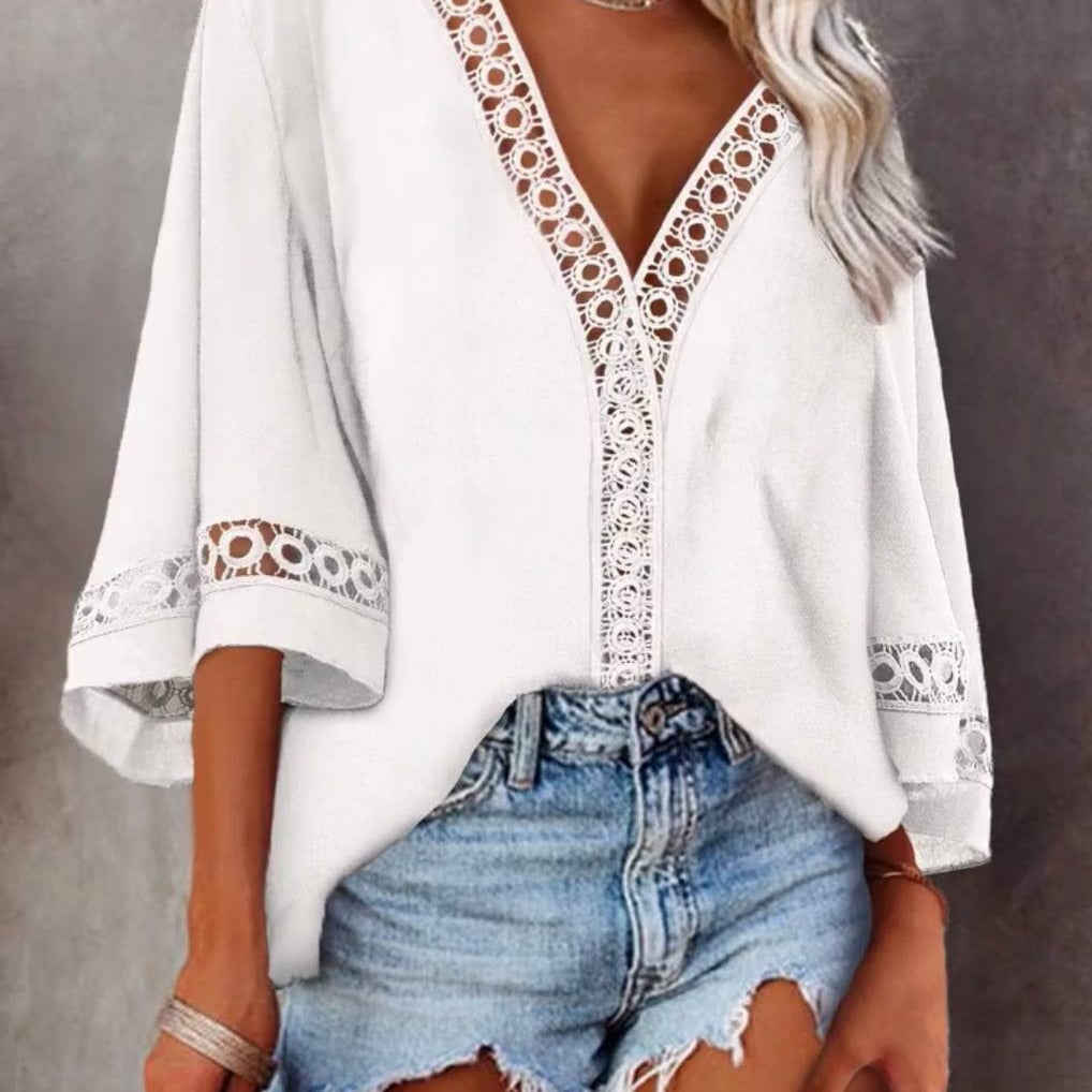 Summer V neck Hollow Out Cutout Lace Shirt