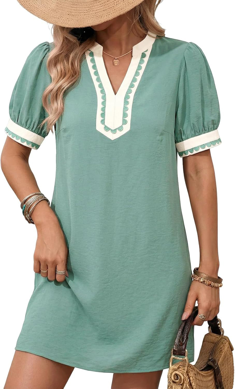 Vacation Solid Color Short Sleeve Color Matching Half Open V neck Straight Dress