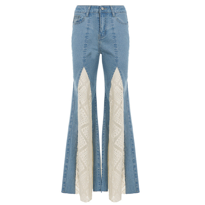 Women Lace Stitching Contrast Color Retro Bell Bottom Pants Tall Slimming High Waist Jeans Women