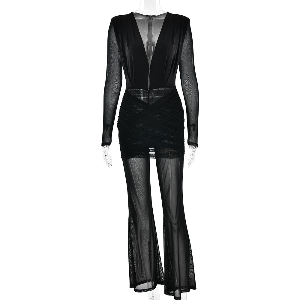 Pleated Women Jumpsuit Sexy Deep V Plunge neck Hip Tight Jumpsuit