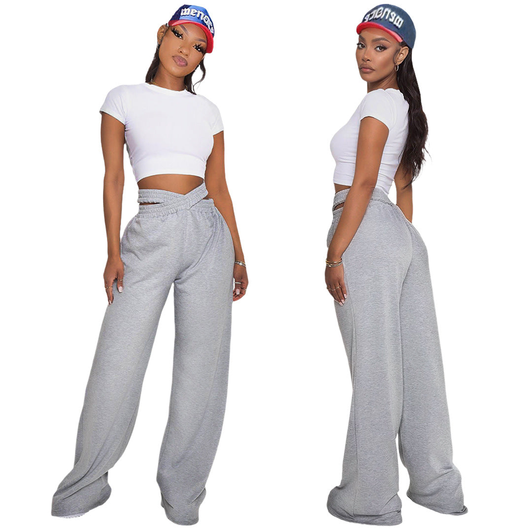 Women Clothing Nightclub Uniforms Solid Color Double-Layer Waistband Sports Casual Wide-Leg Pants