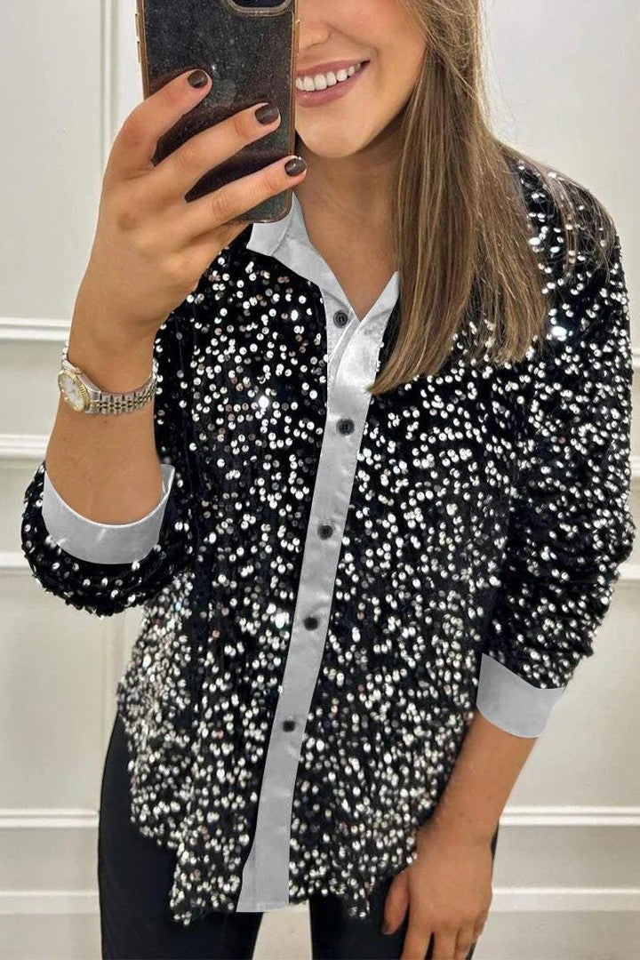 Autumn Winter Long Sleeve Loose Casual Sequin Shirt