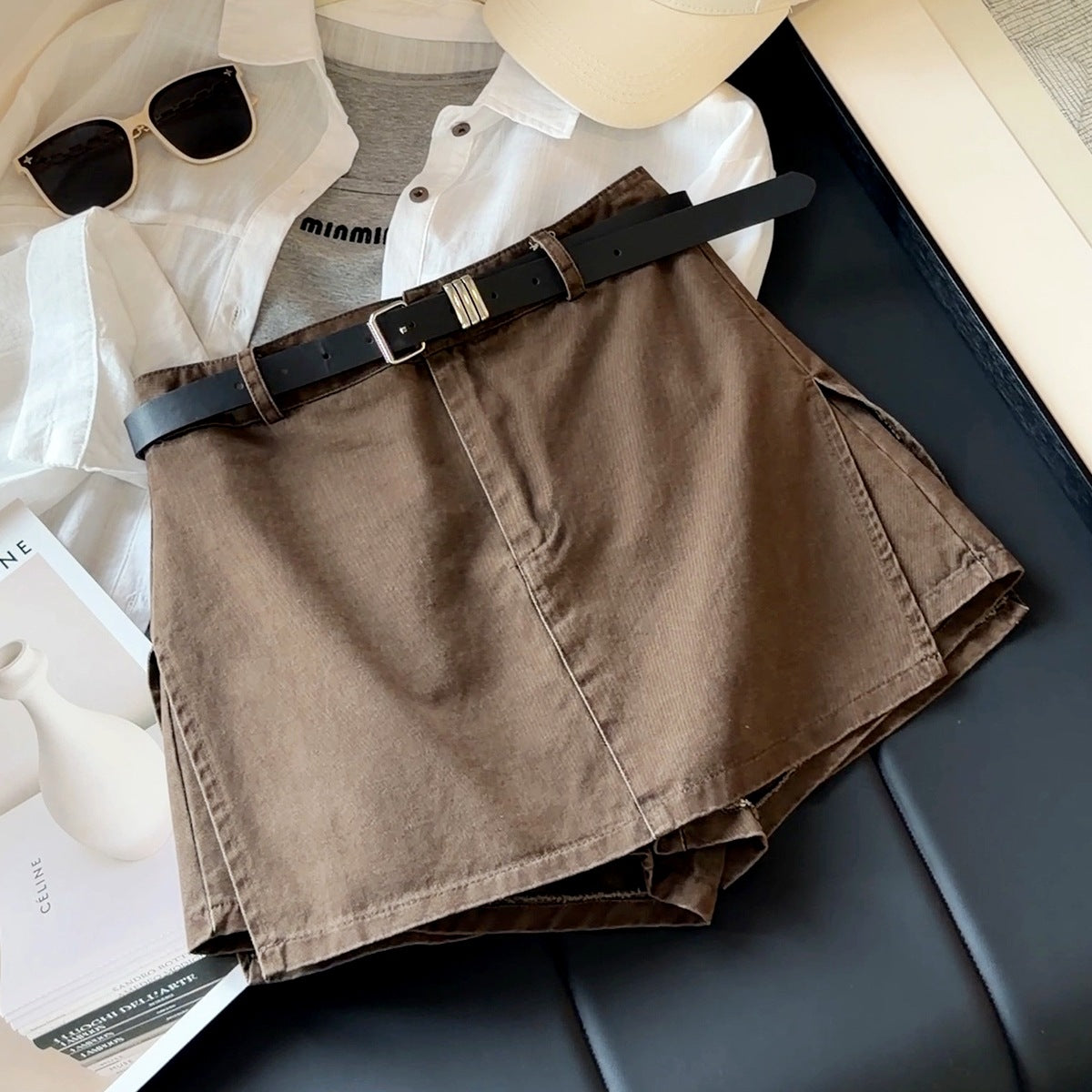 Retro Workwear High Waist Slimming Denim Short Culotte Women Autumn Anti Exposure A line Short Skirt