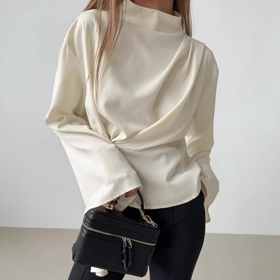 French Small Stand Collar Chiffon Bell Sleeve Pleated Split Shirt Spring Top