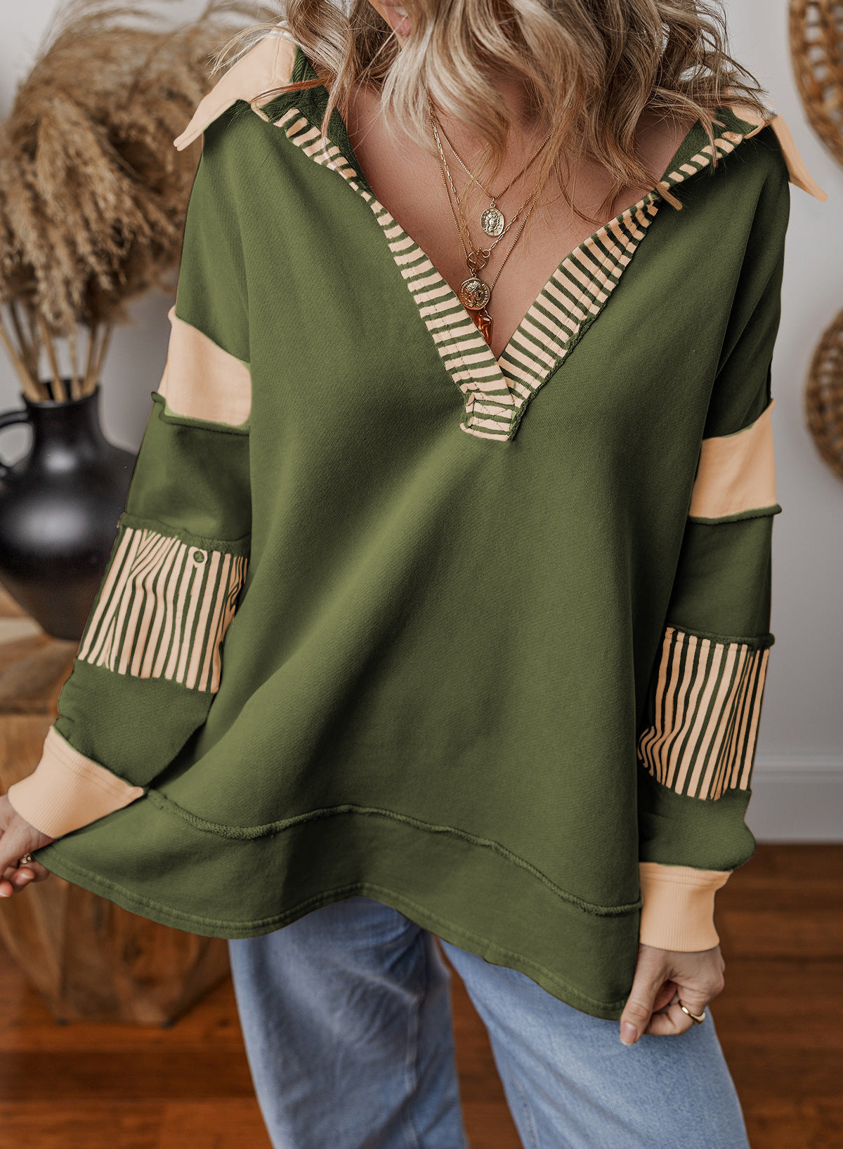 Casual All Match Deep V Plunge neck Pullover Stripe Color Matching Long Sleeve Loose Sweatshirt Top
