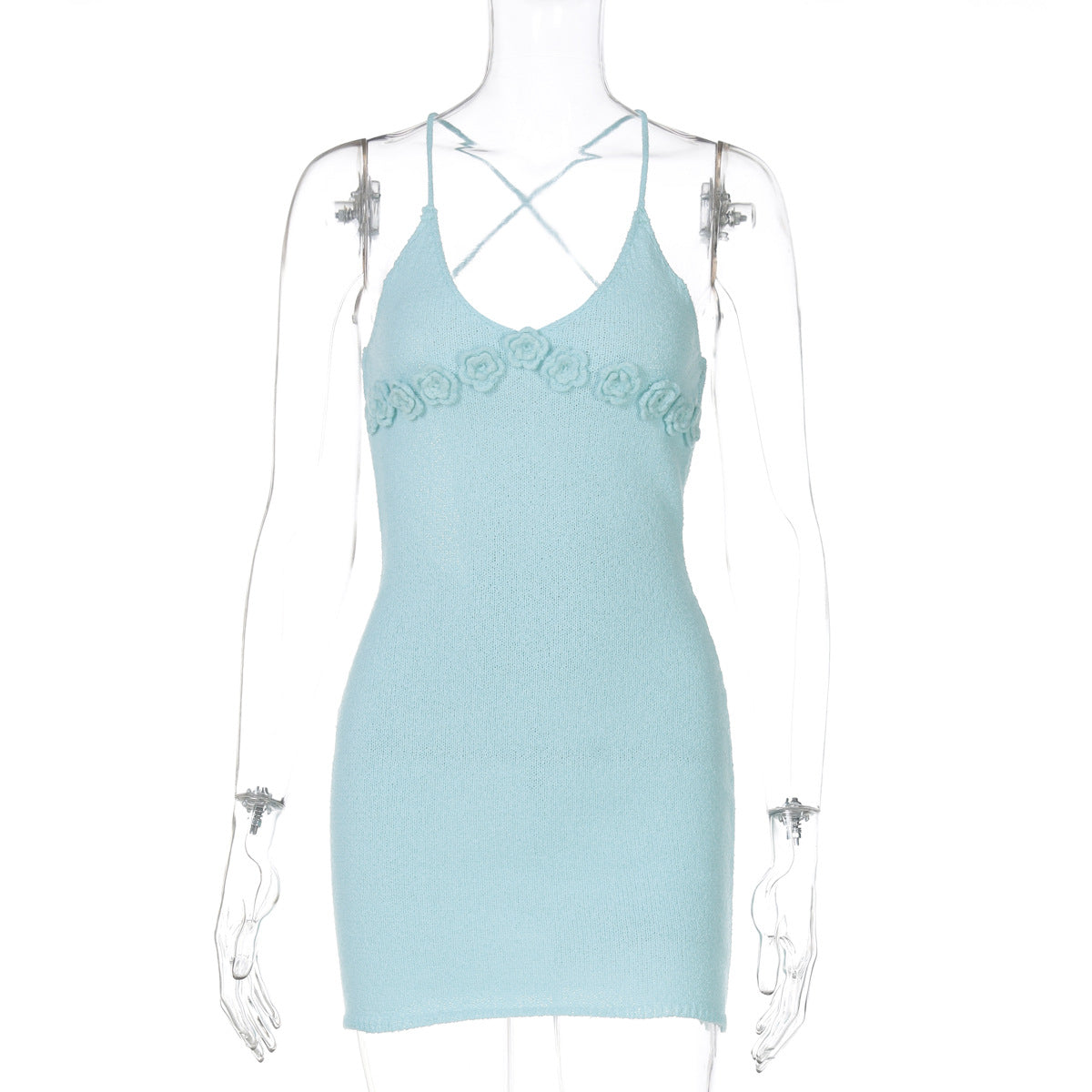 Women Clothing Summer Personalized Floral Decorative V neck Knitted Cami Dress