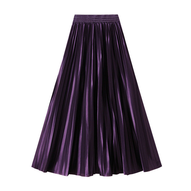 Slimming Spring Glossy Glossy High Waist Pleated A line Slimming Long Skirt Women Skirt
