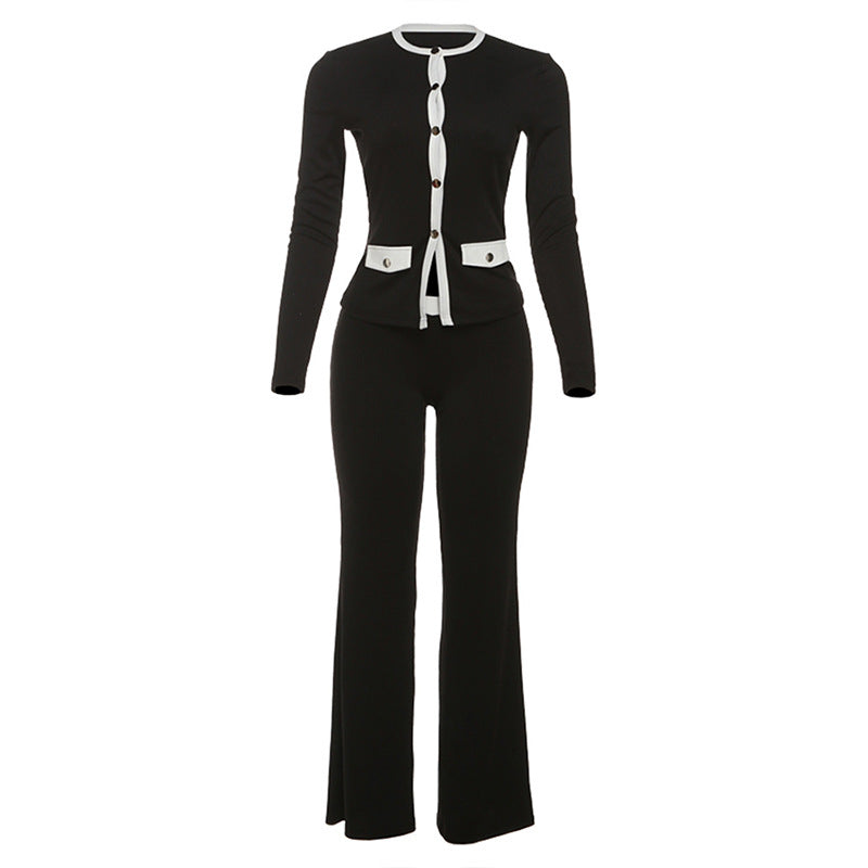 Women Clothing Autumn Personality round Neck Button Contrast Color Cardigan Long Sleeve High Waist Slim Trousers Two Piece Sets