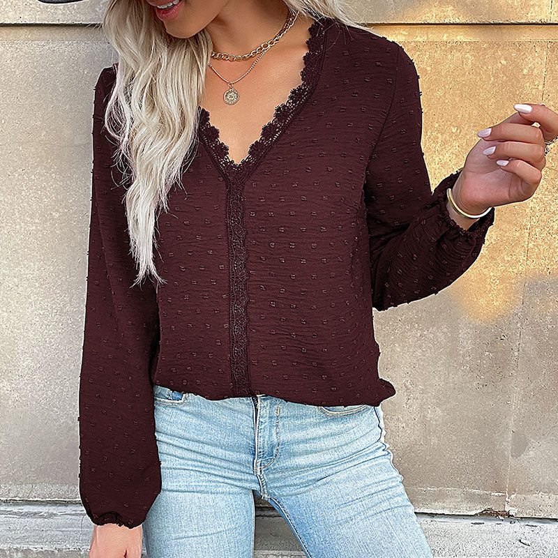 Autumn Women Clothing Long Sleeve Solid Color V neck Shirt for Women