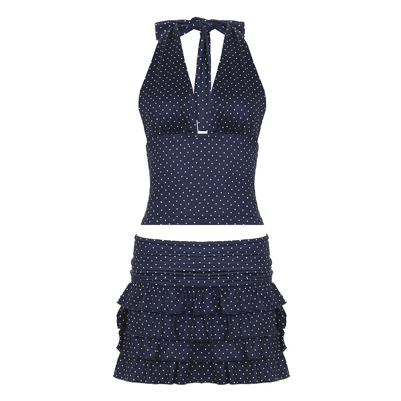 Sexy Women Polka Dot V neck Halter Vest Ruffle Hip Tiered Dress Mini Mid Length Skirt Two Piece Sets