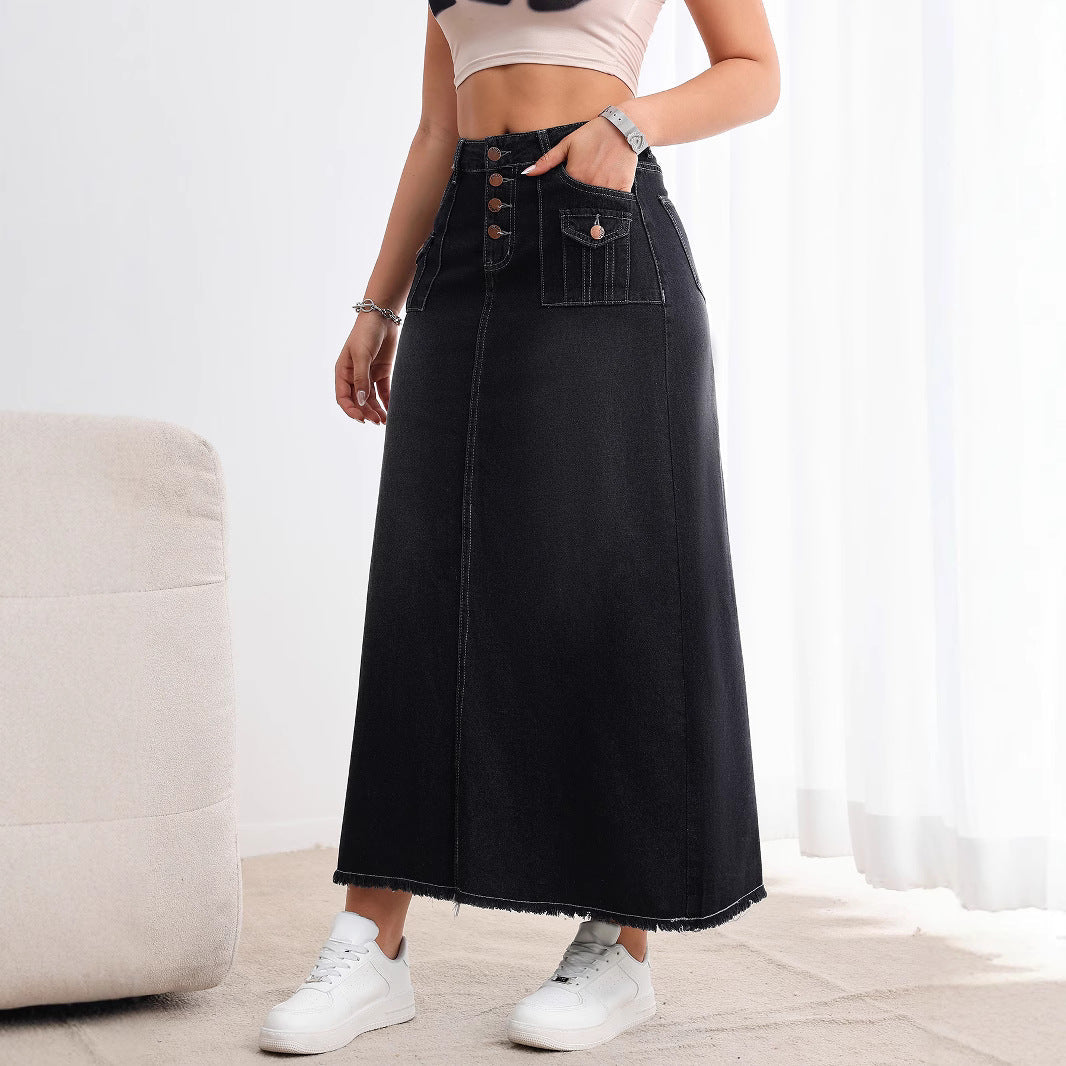Retro Washed Denim Skirt Distressed Loose Women Fashionable Multi Mid High Waist Slimming
