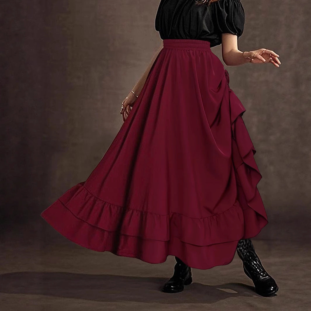 Women Clothing Elegant Side with Drawstring Pleated Long Skirt