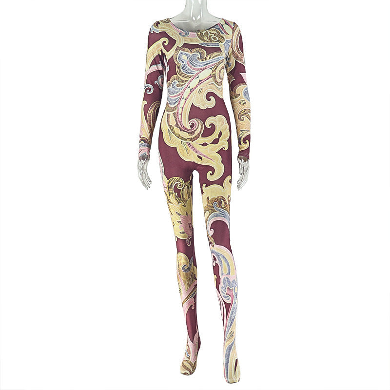 Women Clothing Printed All Matching Comfortable Jumpsuit Slim Fit Long Sleeve round Neck Jumpsuit