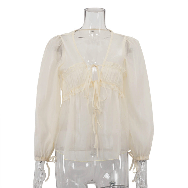 Sexy See through Sun Protection Women Clothing V neck Lace up Long Sleeve Design Pleated Chiffon Top