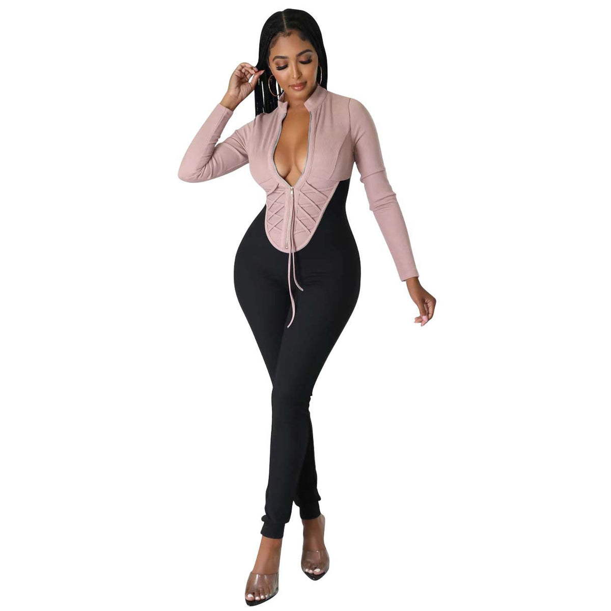Women Clothing Multi Color Stitching Slim Jumpsuit Women Clothing