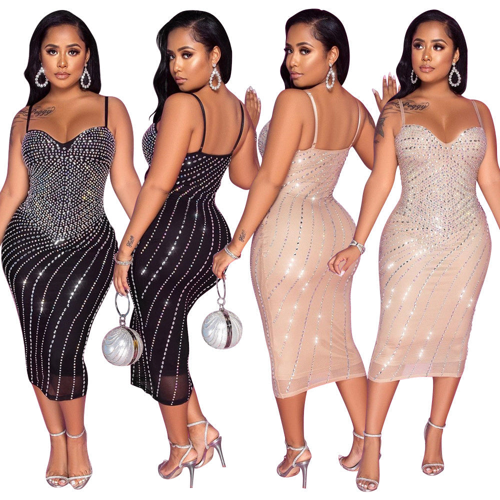 Summer Women Clothing Sexy Tight Straps Tulle Rhinestone Dress for Women