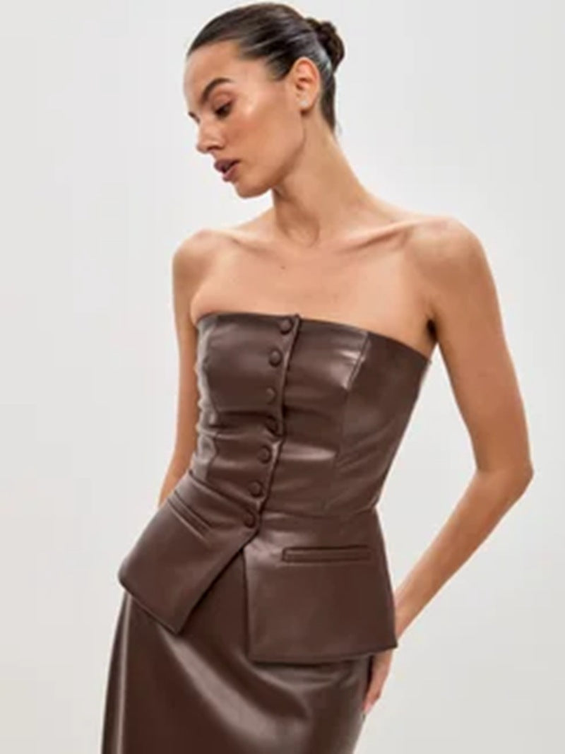 Faux Leather Women French Design Single Breasted Sexy Tube Top Leather Top Tube Top Short Vest