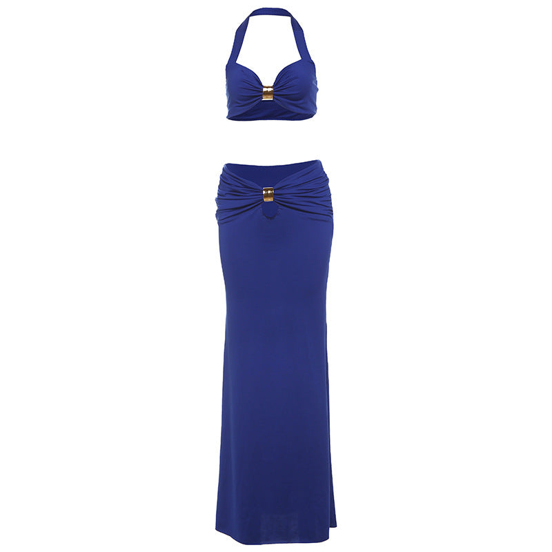 Summer Women Clothing Solid Color Sexy Halter Wrapped Chest High Waist Slim Fit Maxi Skirt Set Women