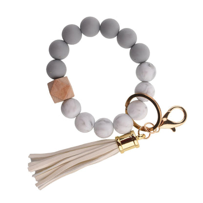 PU Tassel Keychain Bag charm Silicone Beaded Keychain Wristlet Key Ring Bracelet Cute Car Key Chain Holder for Women Girls