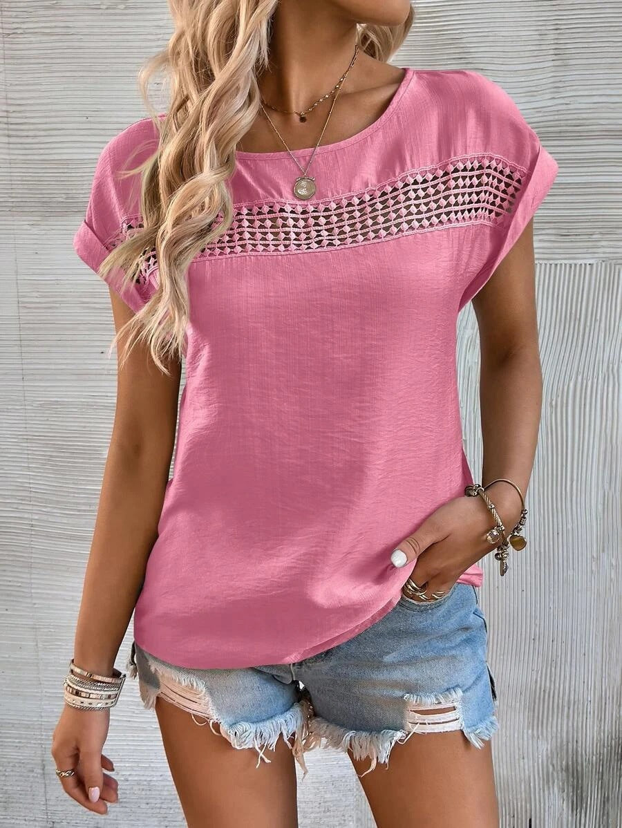 Women Clothing Summer Casual Solid Color Stitching Lace Hollow Out Cutout Out Short Sleeve Top Women