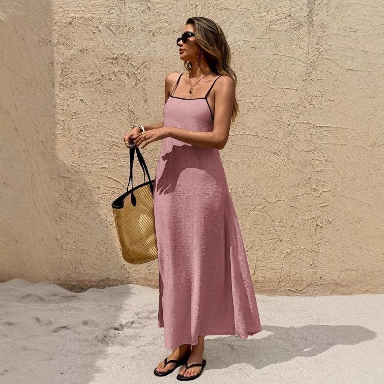 Off-the-shoulder backless solid color suspender strap-up long dress dress