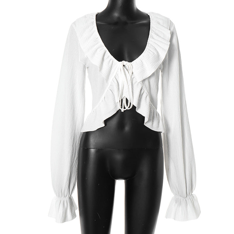 Summer Autumn Sexy Solid Color Lace Cardigan Lace up V neck Long Sleeve Top Women Clothing