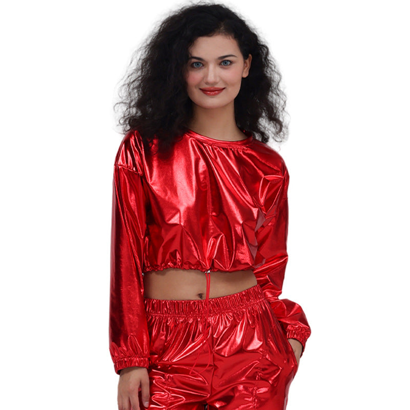 Bronzing Bright Leather Sexy Cropped Long Sleeve Hooded Pullover Short Drawstring Sweatshirt